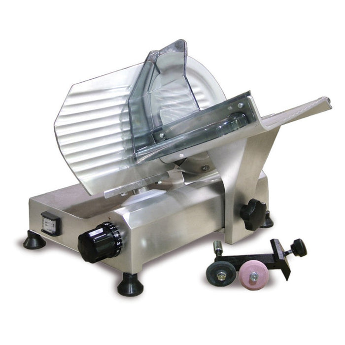<img src="https://cdn.shopify.com/s/files/1/0084/6109/0875/products/195F_2.jpg?v=1572108655" alt="Omcan Meat Slicer, Gravity Feed, 8" Dia. Carbon Steel Blade">