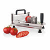 Horizontal Tomato Cutter Comes with a Plastic pusher. Table stand with 4 suction pads.
